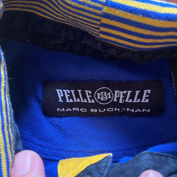 Vintage Pelle Pelle Marc Buchanan Blue & Yellow Spell Out Collared Tee Shirt XL - Picture 3 of 4